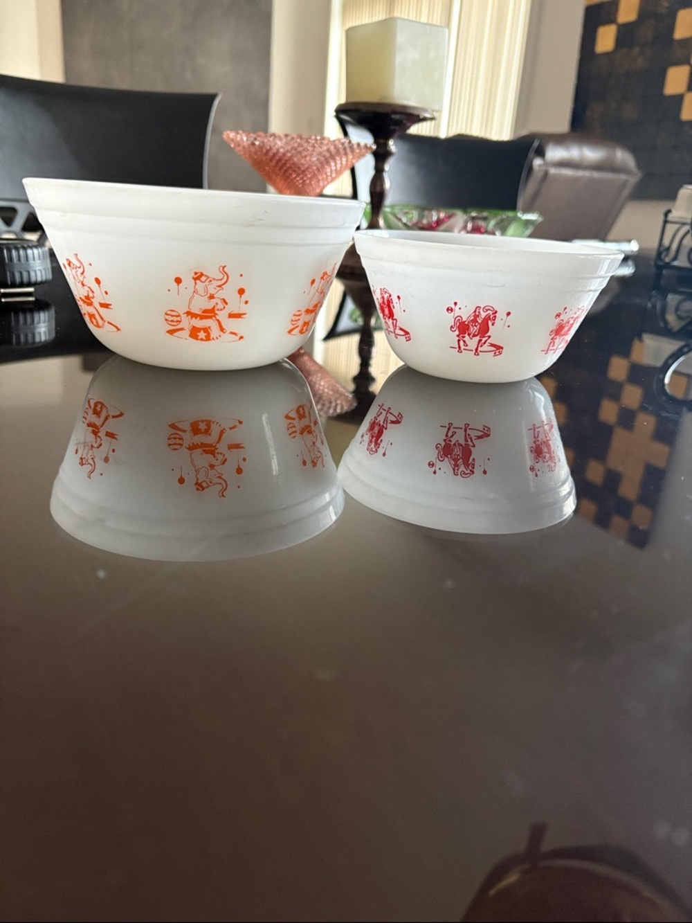 Set of 2 White Milk Glass Mixing Bowls with  Circus Prints